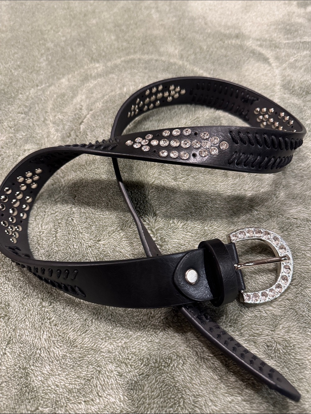 Leather Studded Belt with Rhinestone Buckle